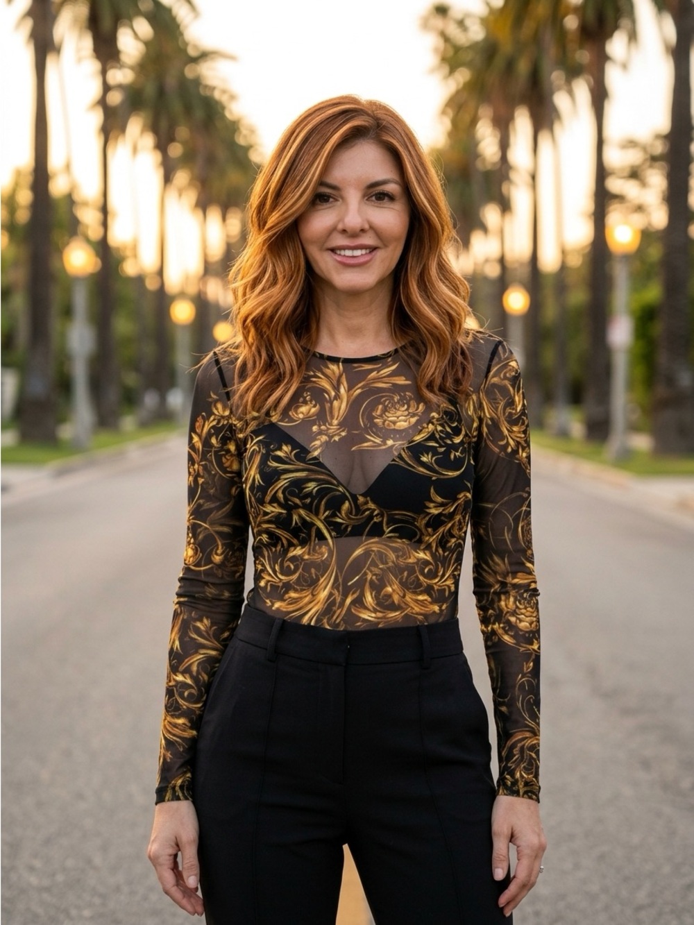Versace Black Sheer Long-Sleeve Baroque Print Bodysuit with Gold Accents